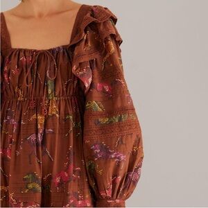 FARM Rio Brown Long Sleeve Dress with Multicolor Horse Patterns